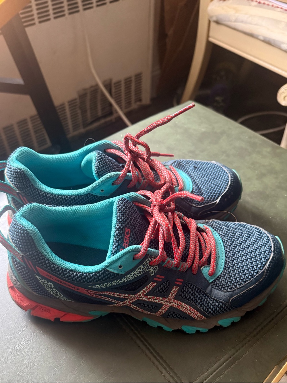 ASICS women Blue & Teal Athletic Shoes with Pink Laces